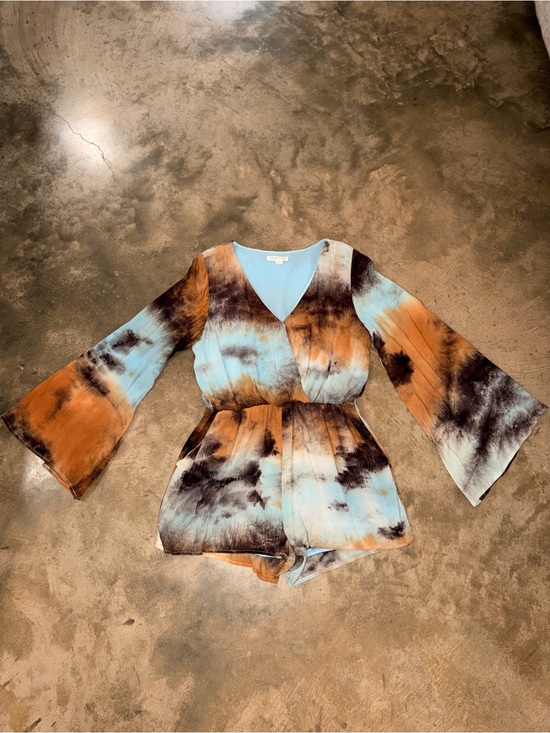 Love Riche Pants - Love Riche Boho Tie Dye Bell Sleeve Romper Blue Rust Large